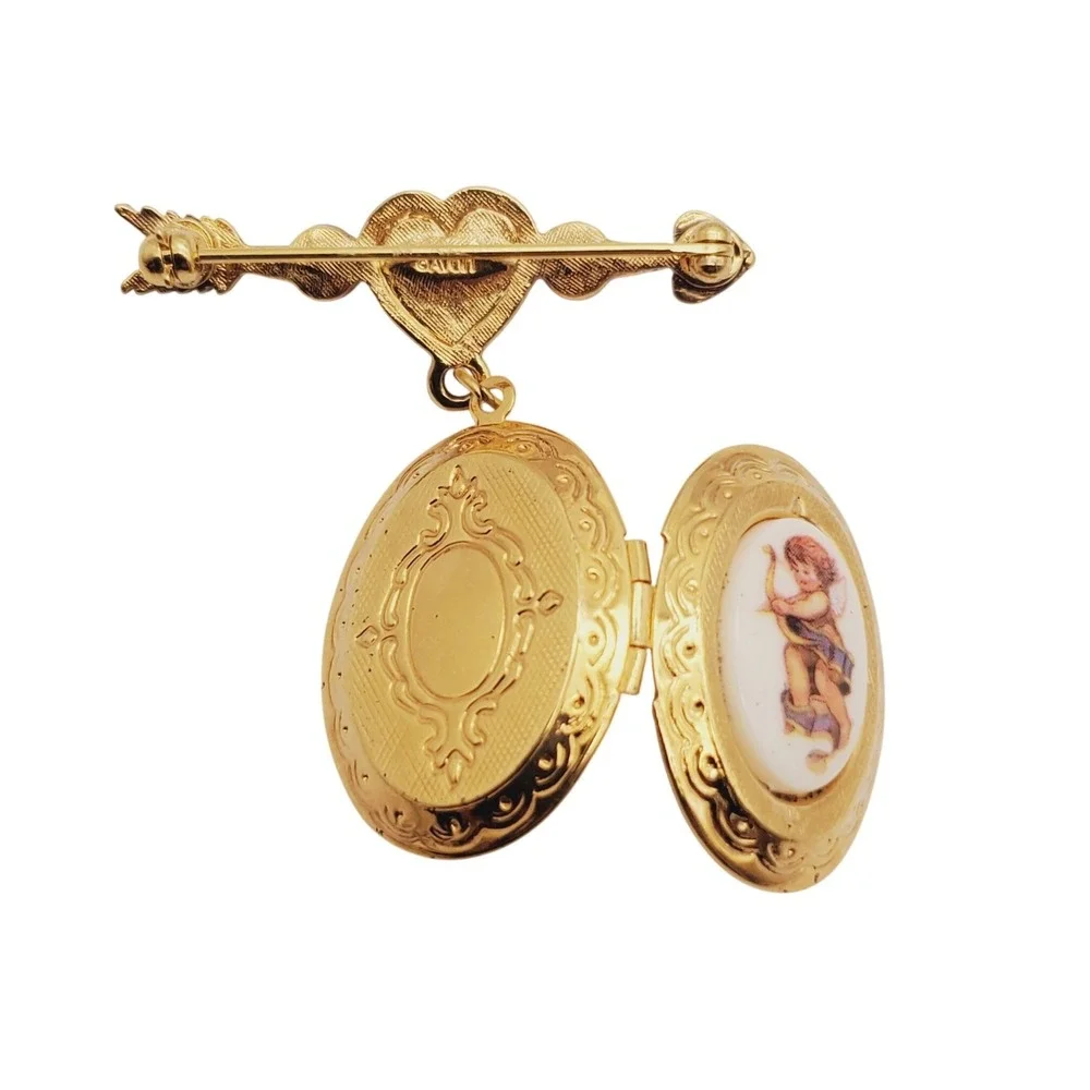 Avon Photo Locket Brooch Gold Tone Cupid Heart Arrow Pink Rhinestone Vintage Pin